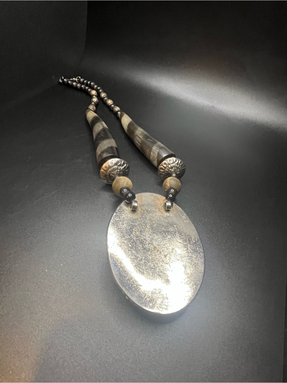 Artisan Genuine Horn Statement Necklace Large Oval Pendant Wood Silver Tone 20” - Picture 8 of 11